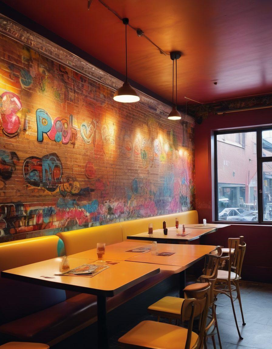 A vibrant scene depicting a group of diverse individuals engaged in animated discussions in a cozy, underground café. Graffiti art adorns the walls, reflecting provocative themes and counter-culture symbols, while warm lighting casts an inviting glow. Include intriguing illustrations of food nuggets on the table, representing comfort and community. The atmosphere should be rich in urban aesthetics and artistic flair. surrealistic. vibrant colors. dynamic composition.