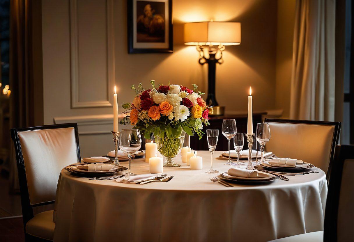 A serene and intimate setting featuring a beautifully arranged table with candles, wine glasses, and a delicate bouquet of flowers. Soft silk fabrics draped in the background create a sensual atmosphere, while a pair of hands intertwined on the table suggest connection and intimacy. Subtle hints of lifestyle choices like gourmet food and elegant decor reflect luxury and pleasure. The warm lighting adds depth and enhances the romantic vibe. super-realistic. vibrant colors. soft focus.