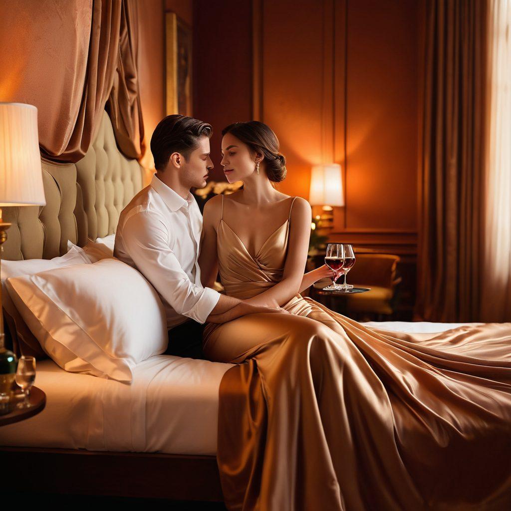 A captivating and elegant scene depicting a gracefully intertwined couple in a luxurious setting, surrounded by soft ambient lighting and tasteful decor that evokes sensuality. Include subtle, suggestive elements like silk sheets and wine glasses, hinting at a sophisticated lifestyle. Emphasize deep colors and gentle shadows to create a warm and inviting atmosphere. sensual art, super-realistic, vibrant colors.